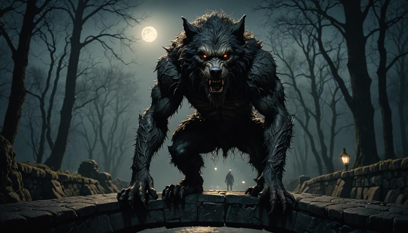 Terrifying Hyperrealistic Werewolf on Stone Bridge