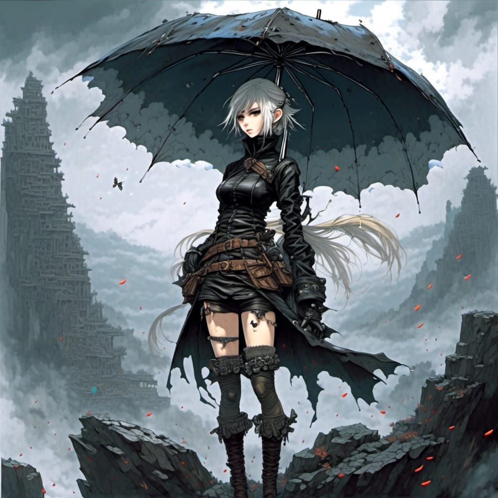 Dieselpunk Woman with Umbrella, Grunged Art Style