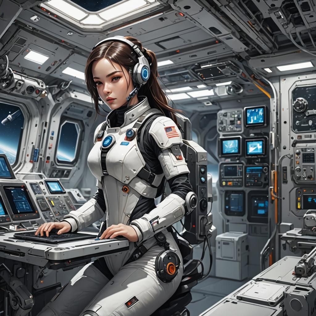 Android Girl at Work on Sci-Fi Space Station