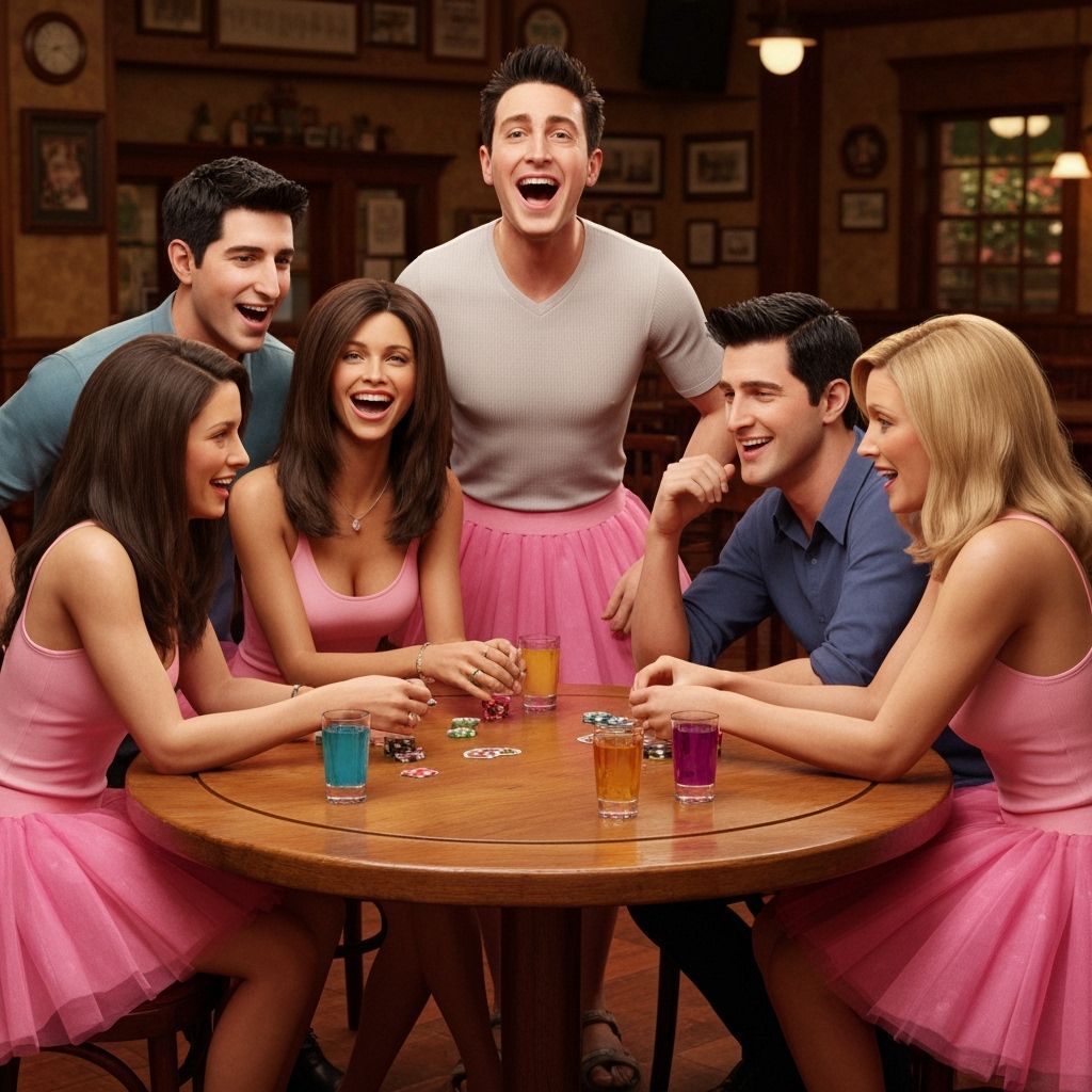 Friends Cast in Pink Tutus Playing Poker at Central Perk