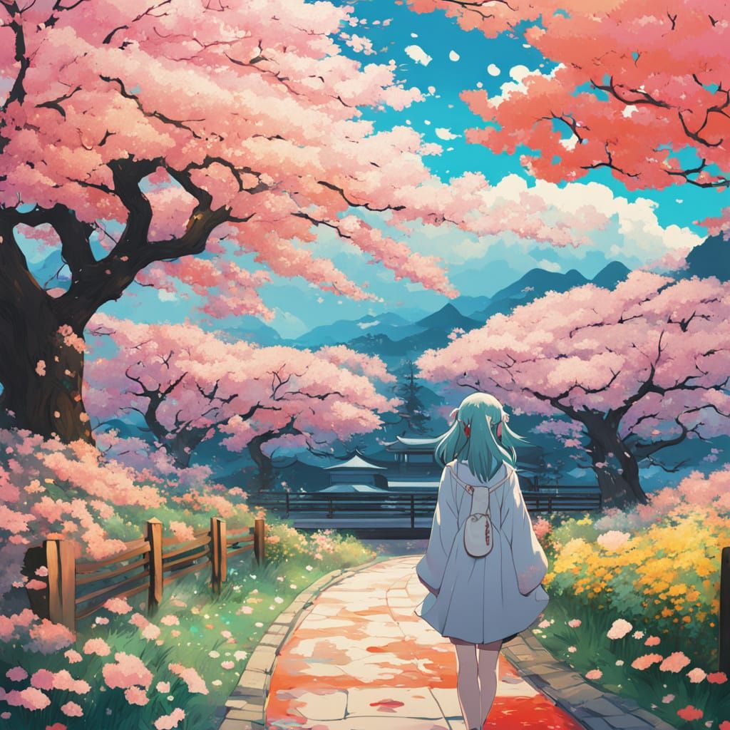 Vibrant Spring Landscape with Hatsune Miku in Digital Painti...