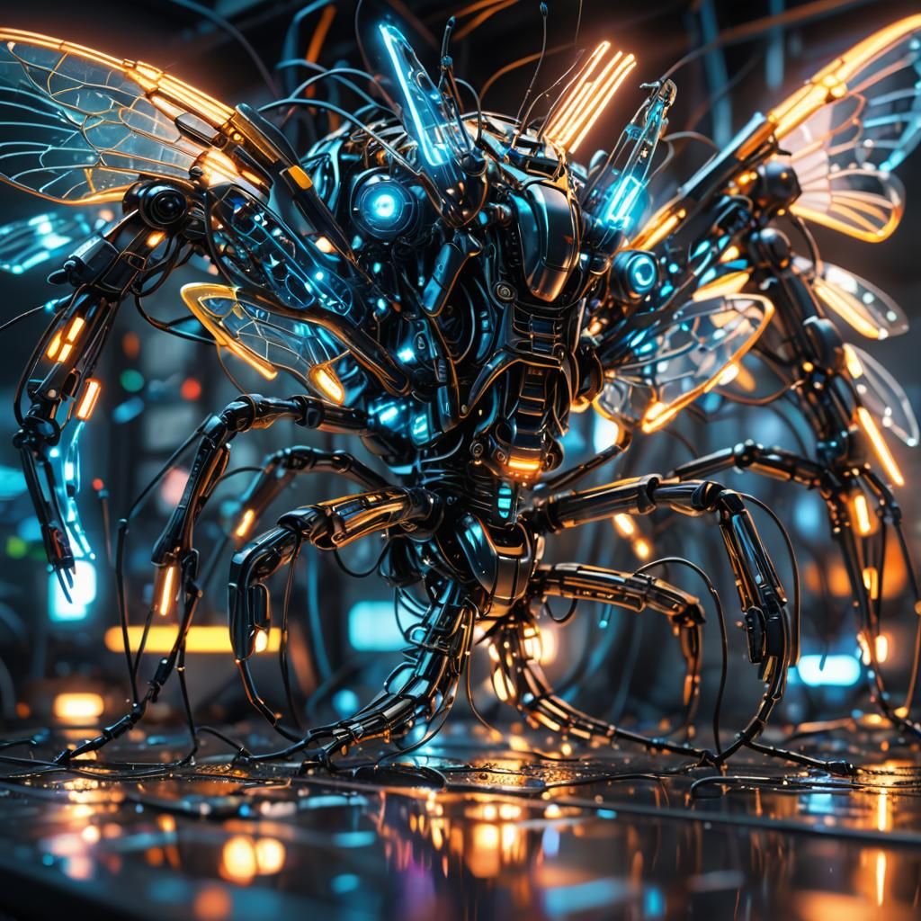 Neon Cybernetic Insect in Futuristic Laboratory