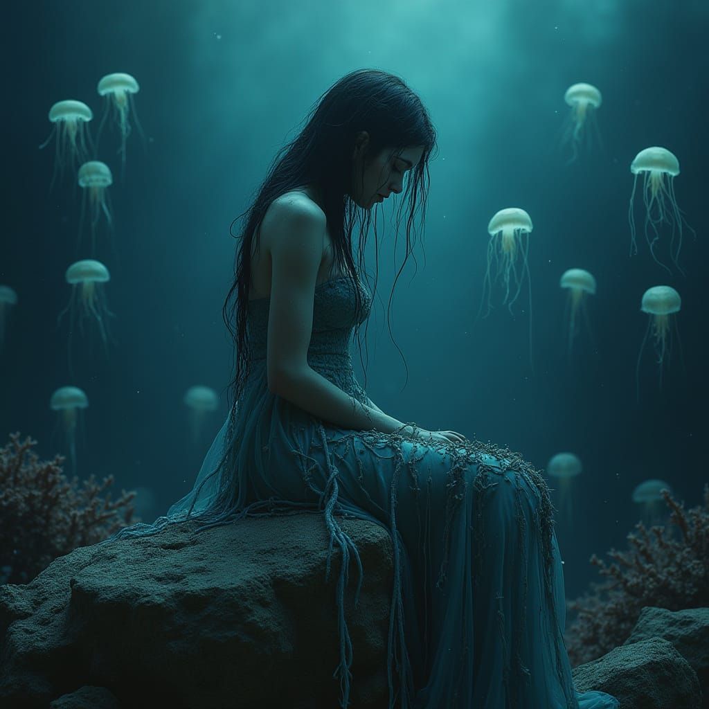 Sorrowful Mermaid in Gothic Underwater Scene