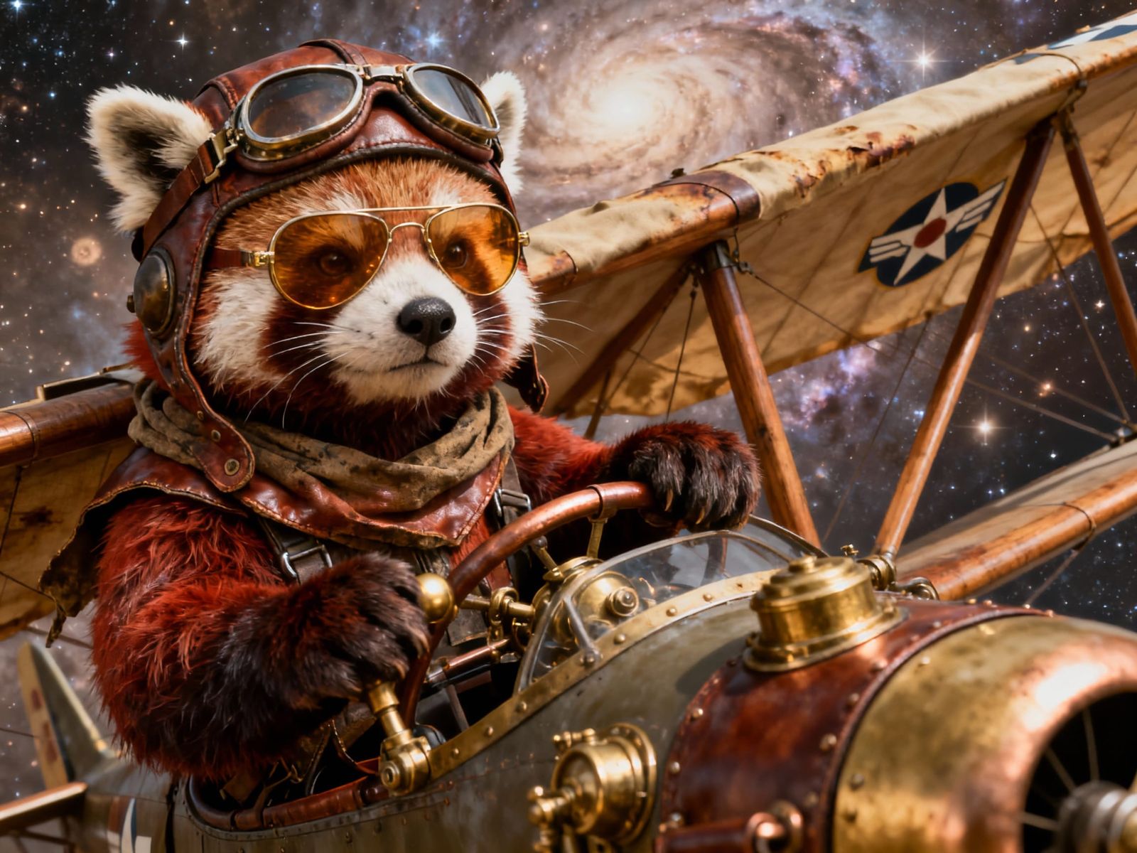 Steampunk Red Panda Pilot in Galaxy, Cinematic Close-Up