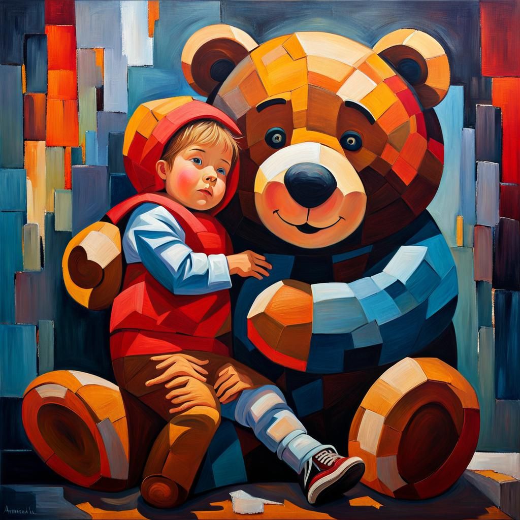 Dystopian Child's Emotional Embrace: An Impasto Oil Painting