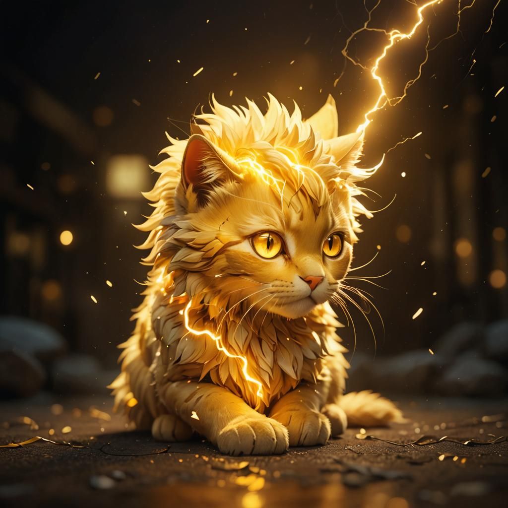Blonde Cat Amidst Golden Lightning: 3D Anime Art