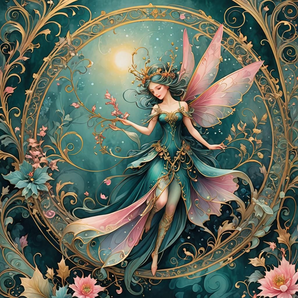 Winter Fairy in Art Nouveau Background