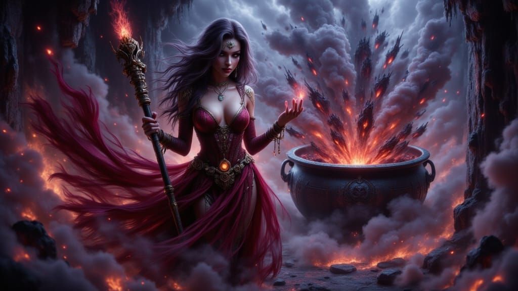 Sorceress Casting Spells in Dark Cavern