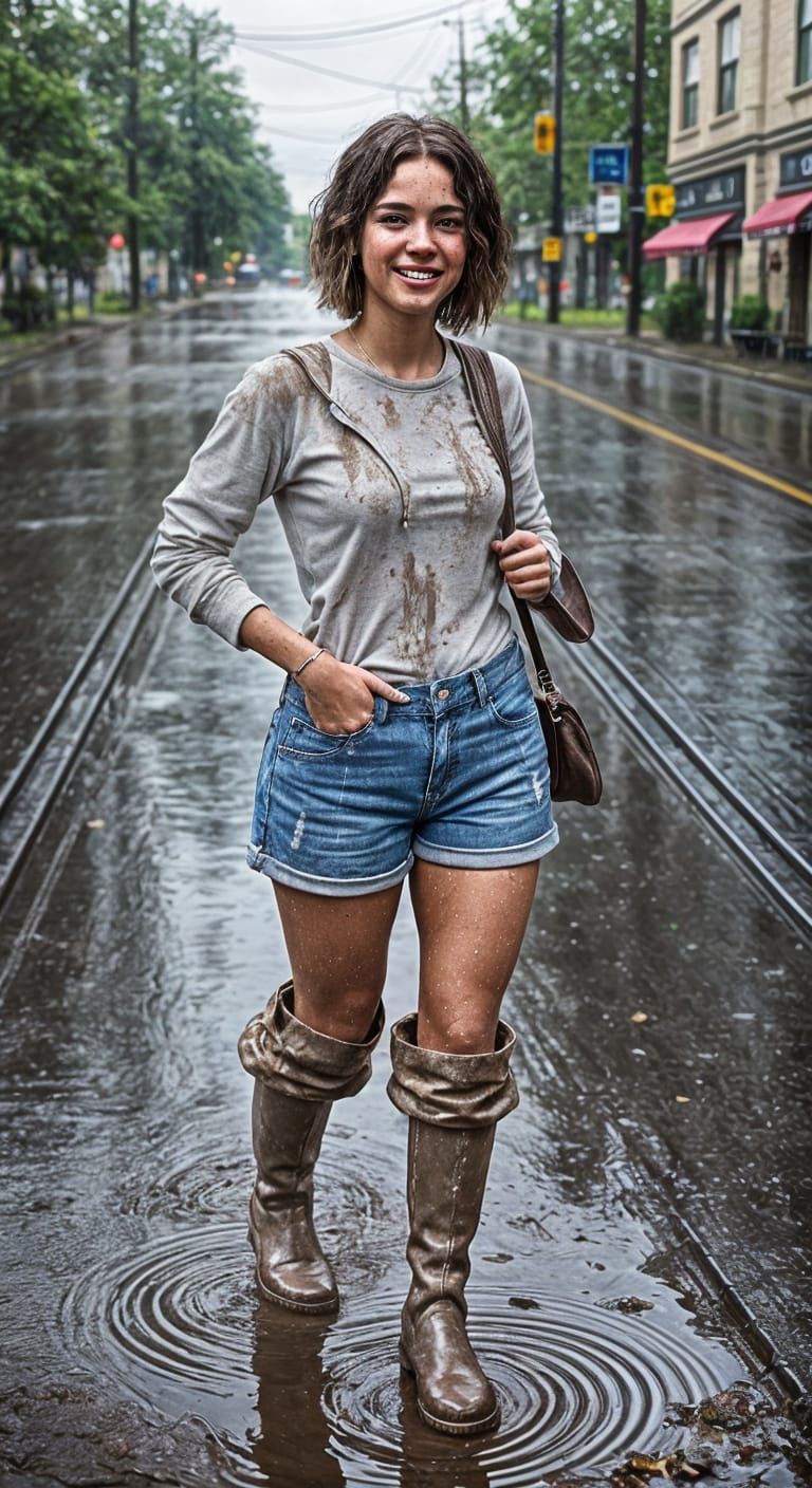Laughing Figure in Rainy Road: Hyperrealistic Image