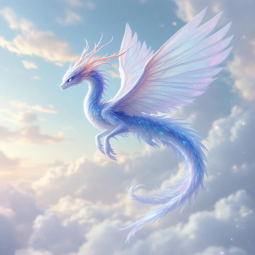 Ethereal Feathered Wyrm Drifting in a Dreamlike Sky