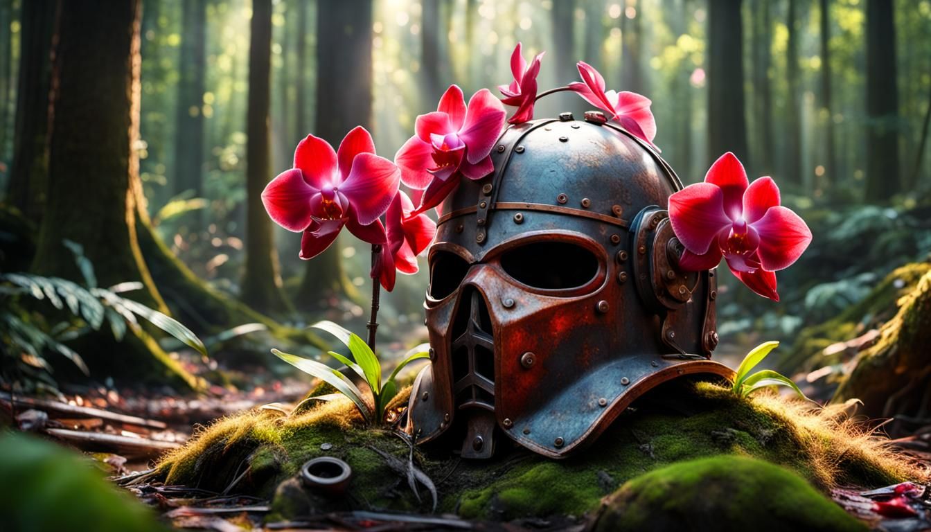 Abandoned Red Plumed Helmet in Forest Sunlight