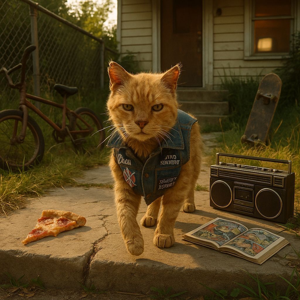 Streetwise Cat with Denim Vest in Photorealistic Style