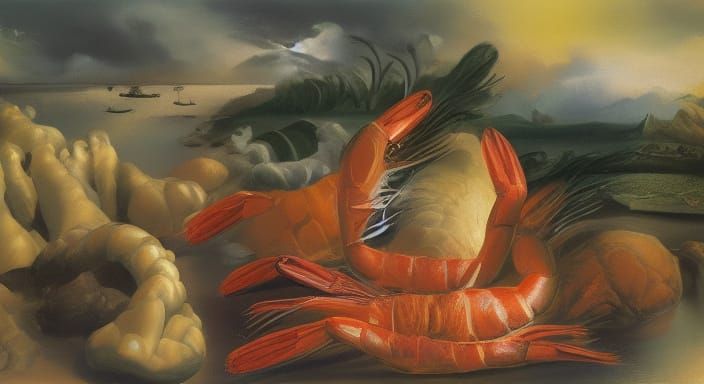 Surreal Shrimp in Dali-esque Melting Oil Painting