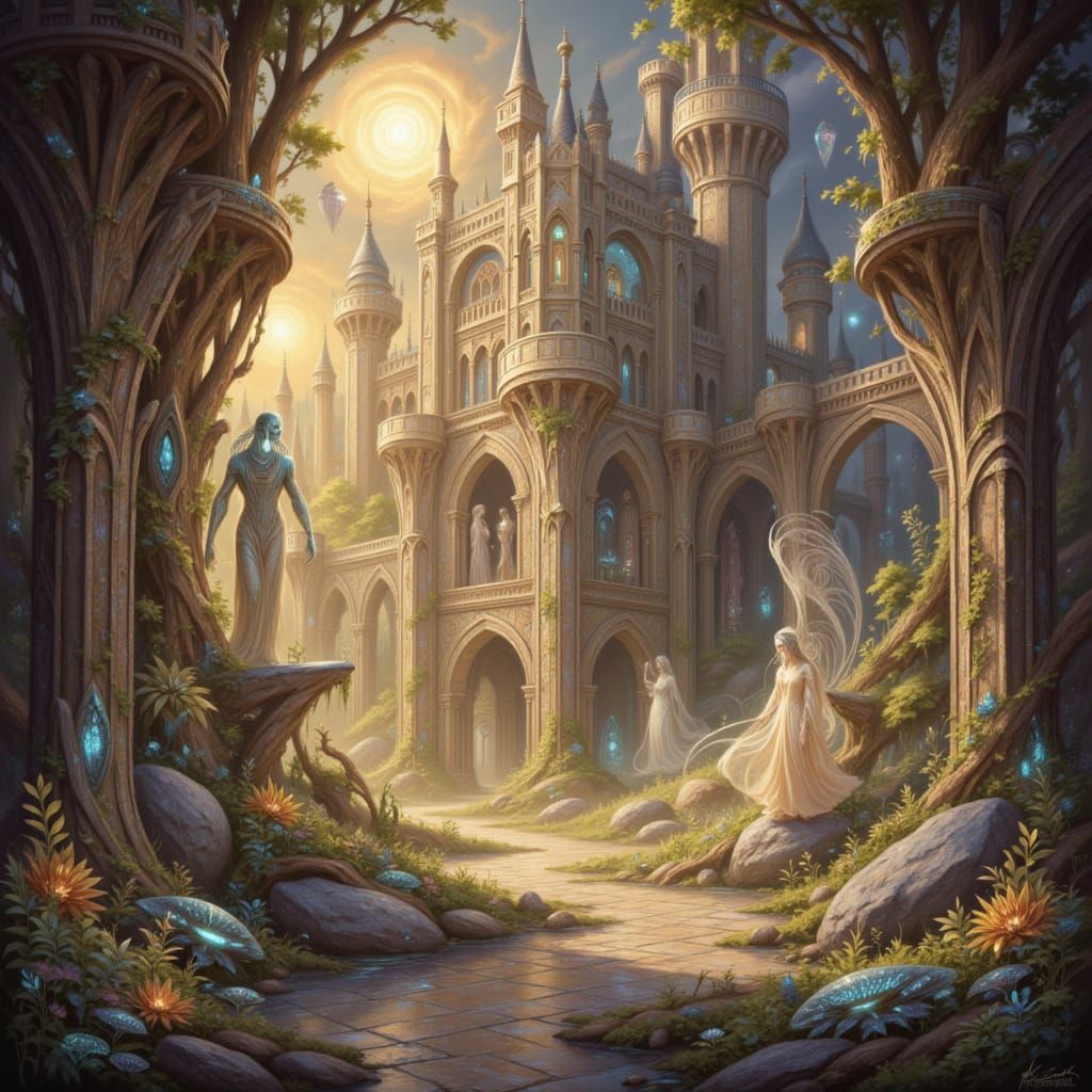 Surreal Castle with Figures in Magical Glow