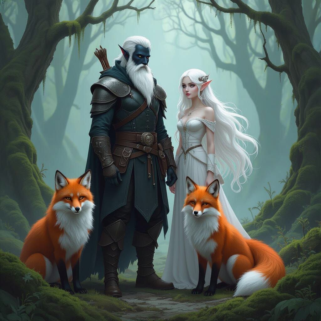 Mystical Forest Scene with Dark Elf and Sylph