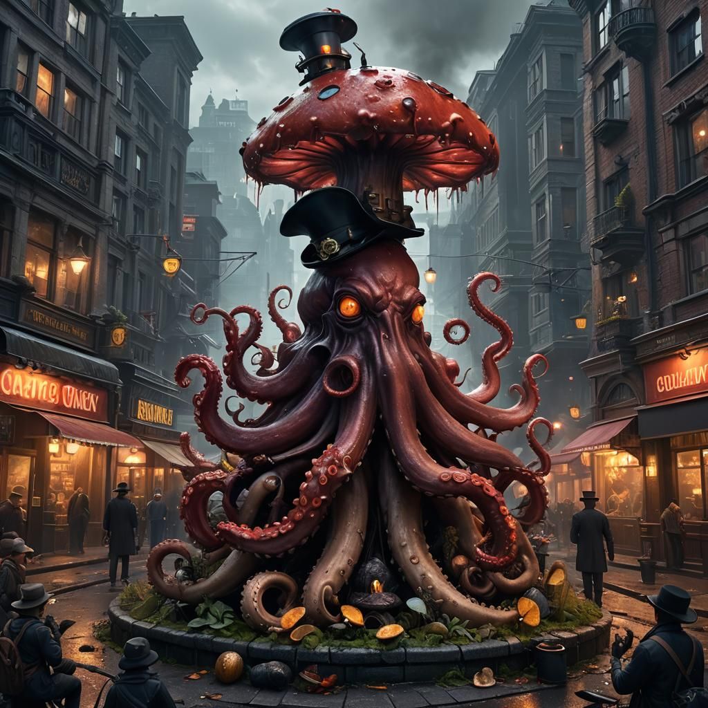 Octopus on Mushroom in City, Dark Fantasy Art
