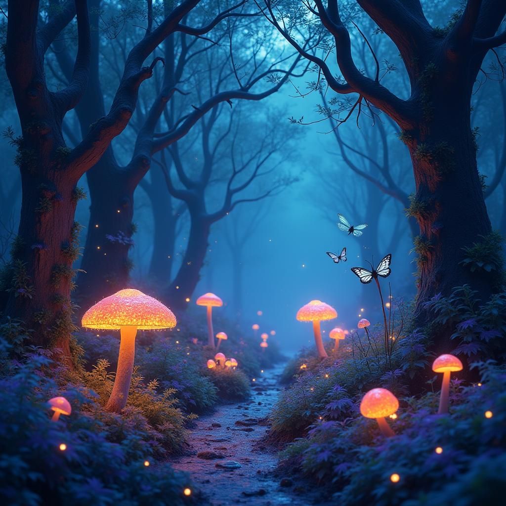 Bioluminescent Fairy Forest with Flowing Orbs