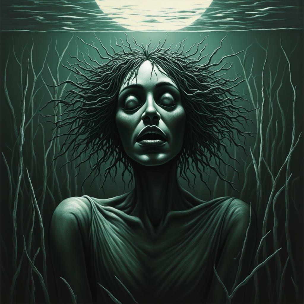 Ethereal Dark Water Figure in H.R. Giger-Inspired Expression...