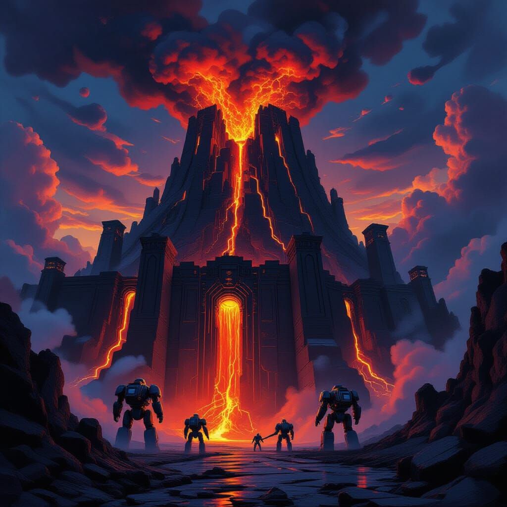 Colossal Obsidian Fortress in Active Volcano, Epic Matte Pai...