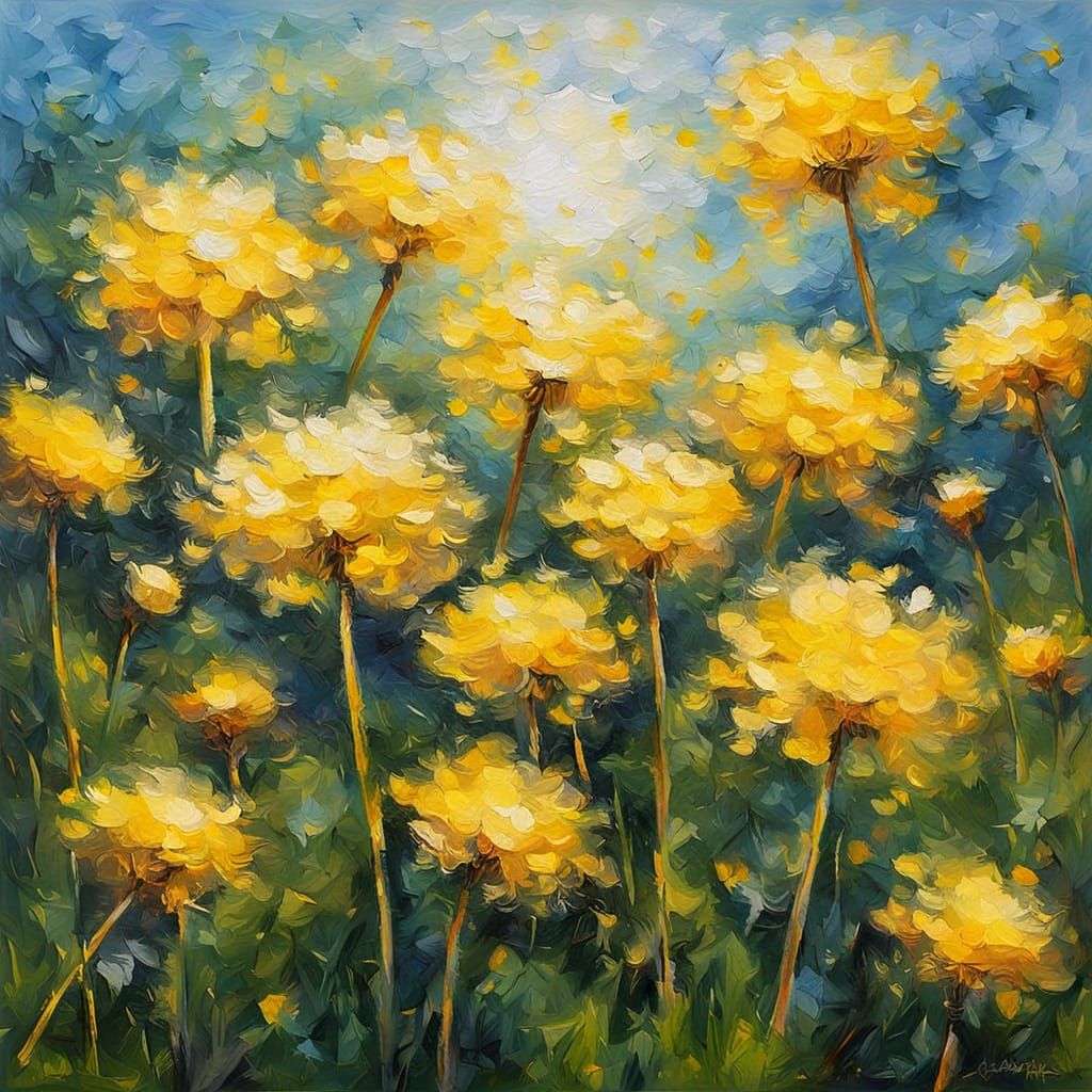 Dandelions in a Spring Meadow, Impressionist Oil Painting