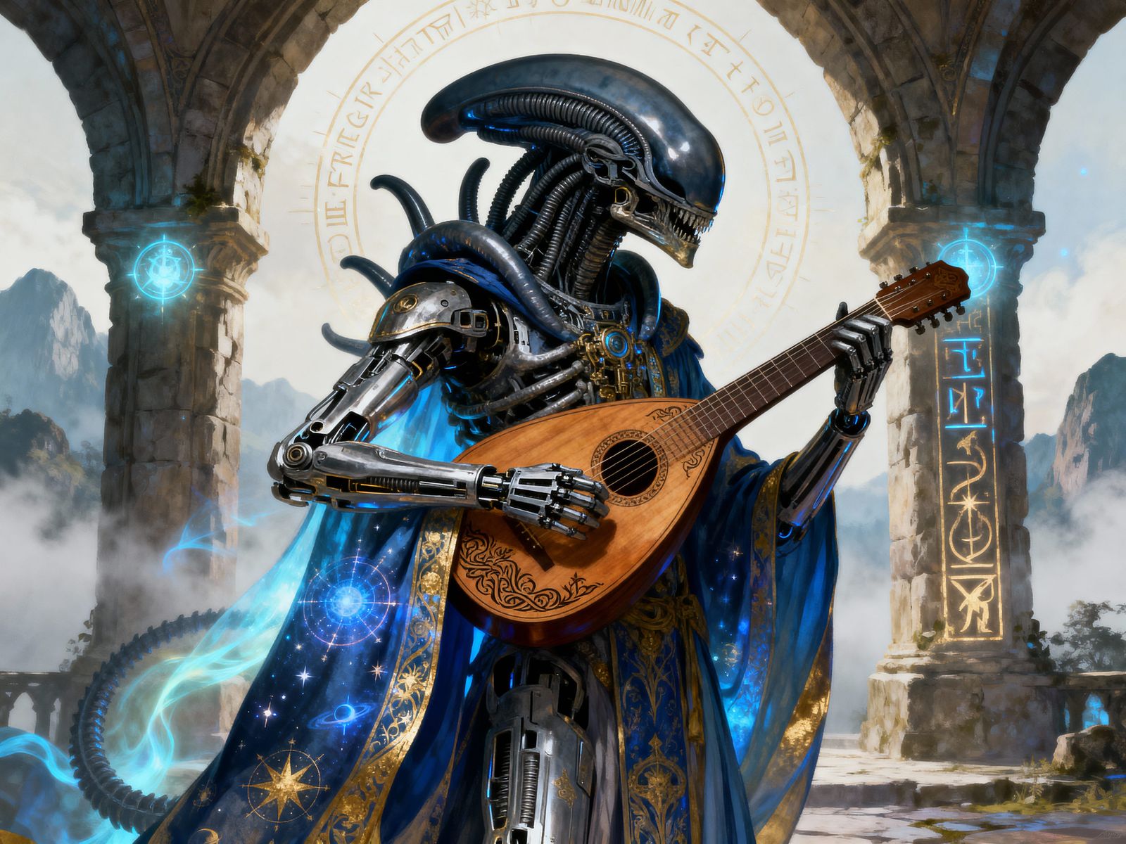Cyborg Xenomorph Bard Plays Lute in Ethereal Medieval Settin...