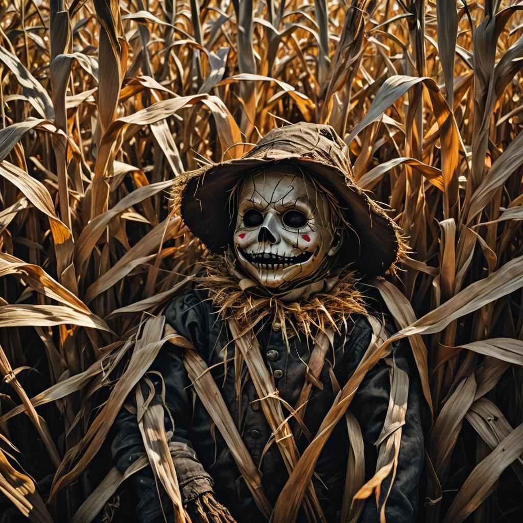 Eerie Baby Scarecrow Portrait in Abandoned Cornfield