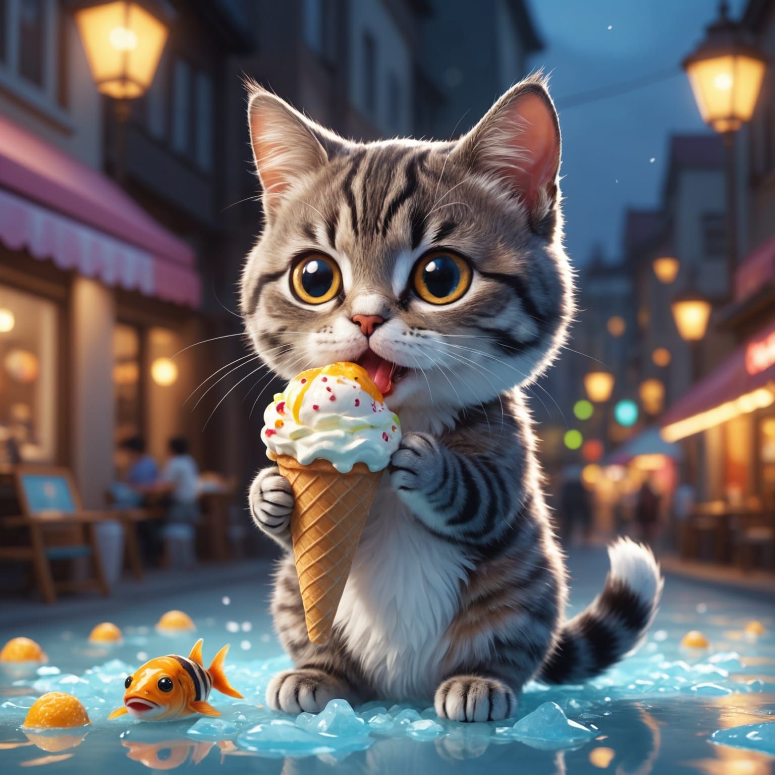 Kawaii Cat Eats Fish Ice Cream: Digital Art