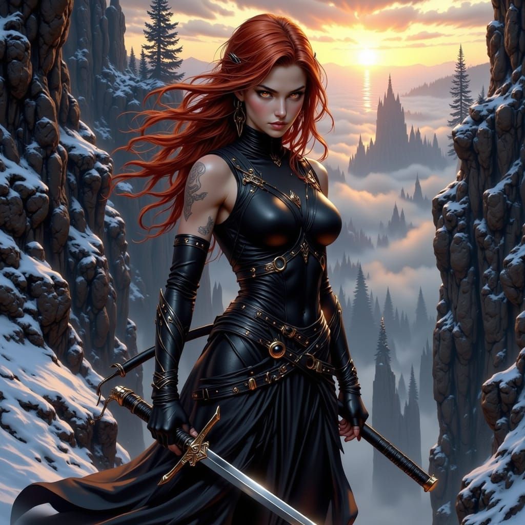 Elf Ninja Warrior on Rocky Precipice in Dark Fantasy Style