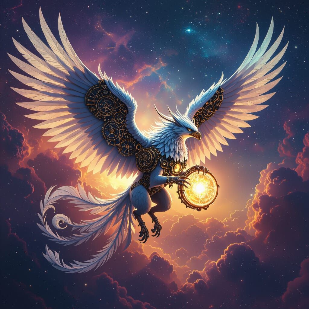Gryphon with Clockwork Wings in Steampunk Style