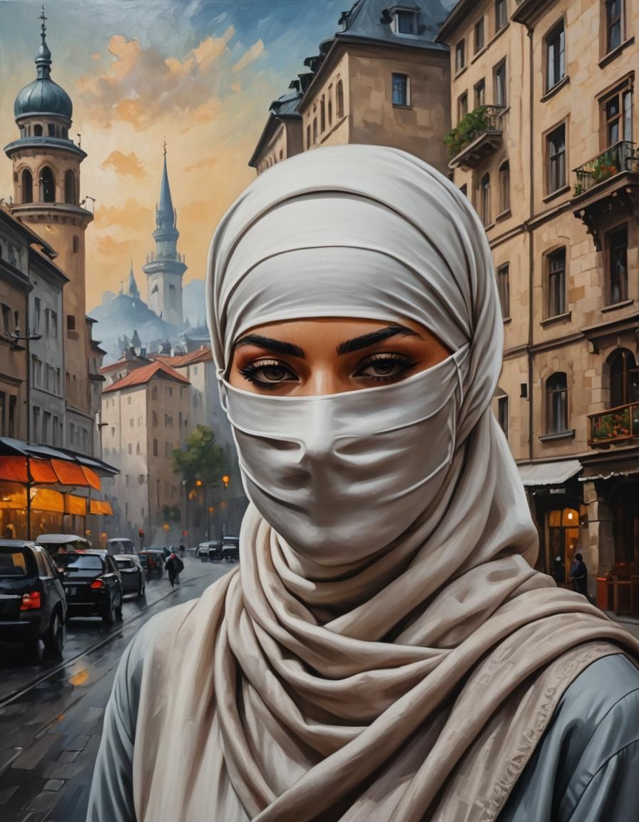 Hijabi Woman in Blindfold as Oil Painting