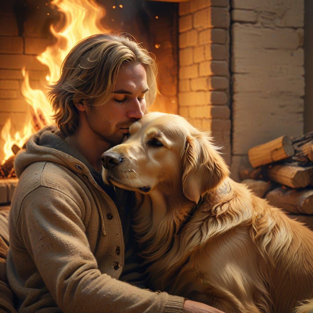 Golden Retriever Snuggles by Fireplace: Digital Painting