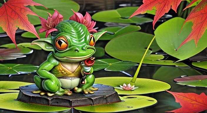 kappa goblin yokai smoking pipe along side of frog on lily pad lilies blooming fall red maple trees primordial swamp
