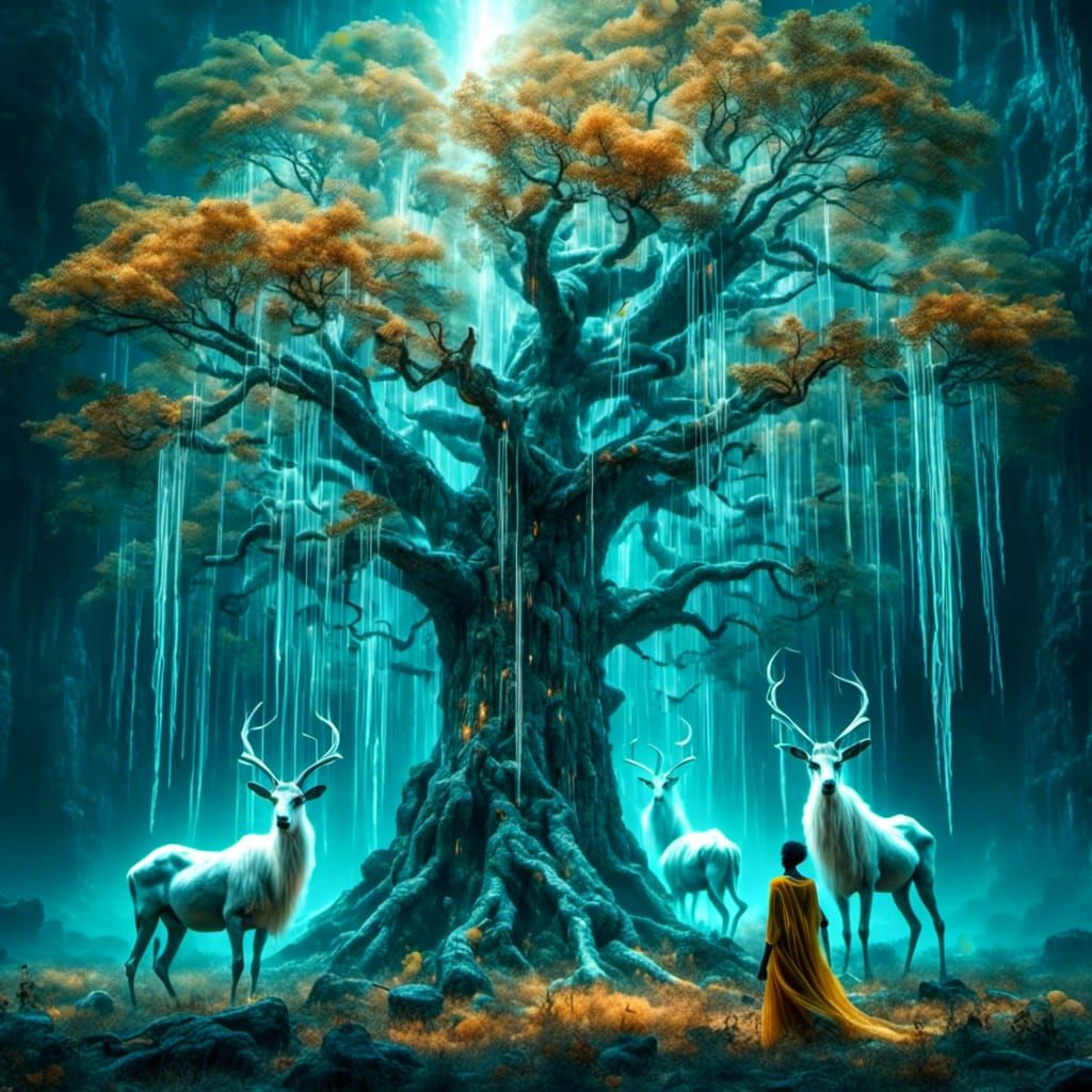 Africans in Antelope Masks in Surreal Tree