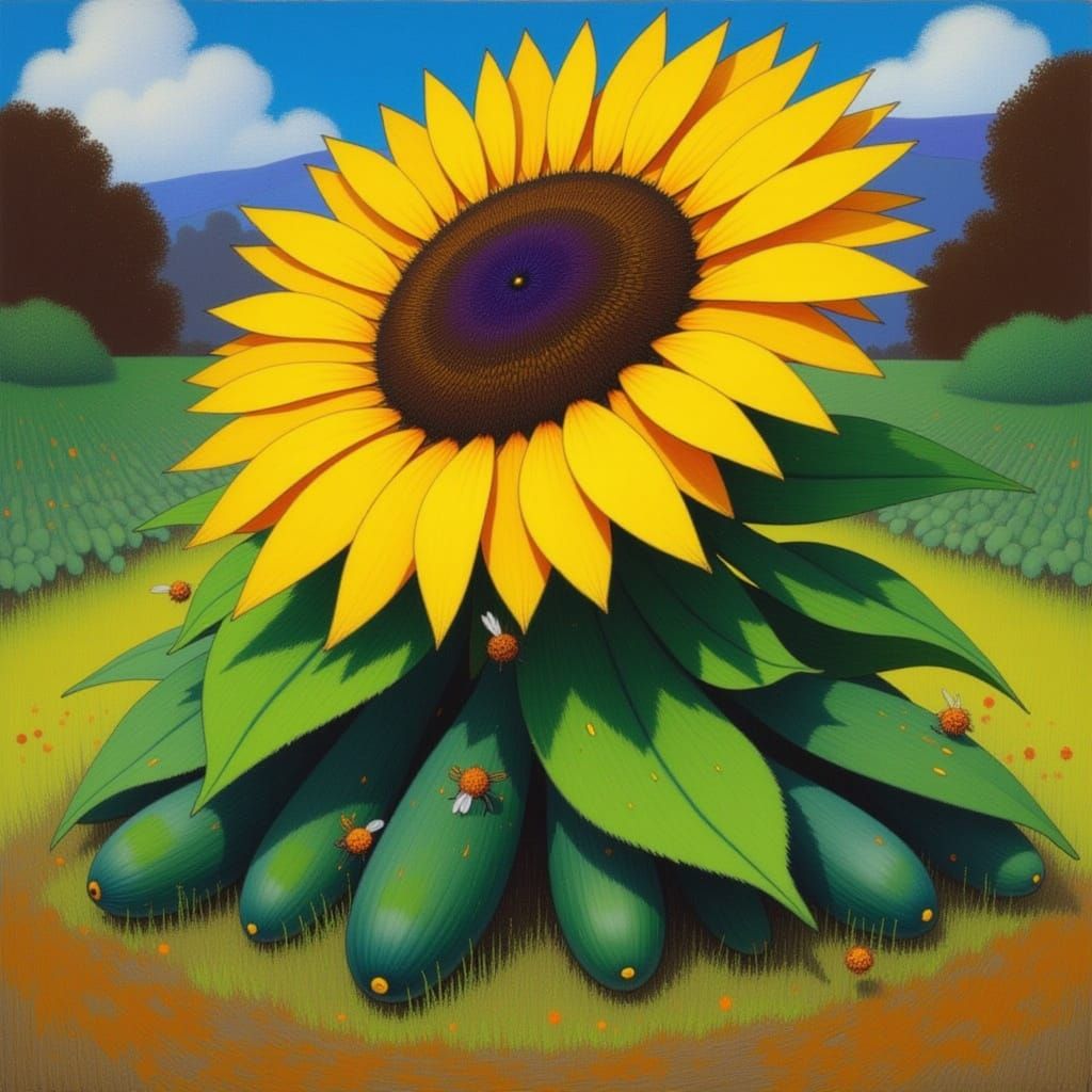 Giant Sunflower Sheltering Cucumbers in Vibrant Garden