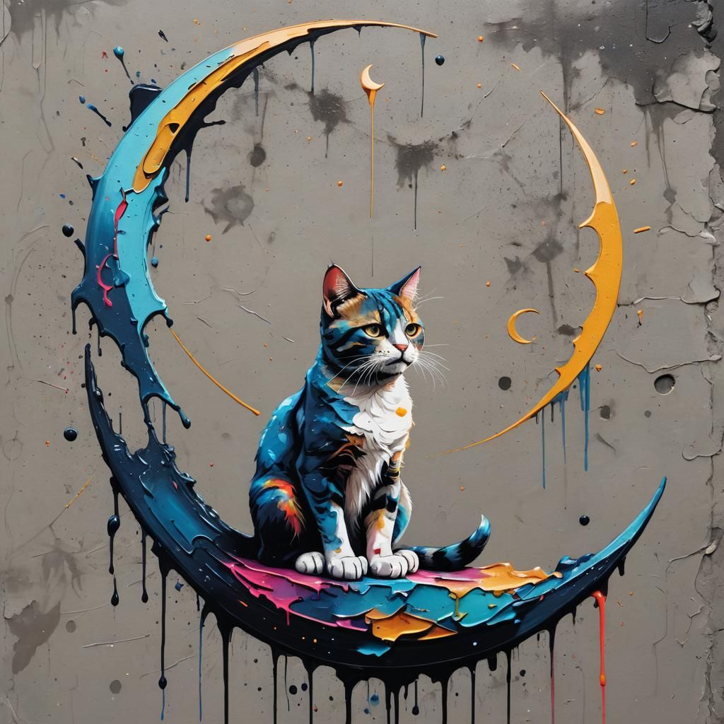 Cat on Moon in Graffiti Splash Art Style