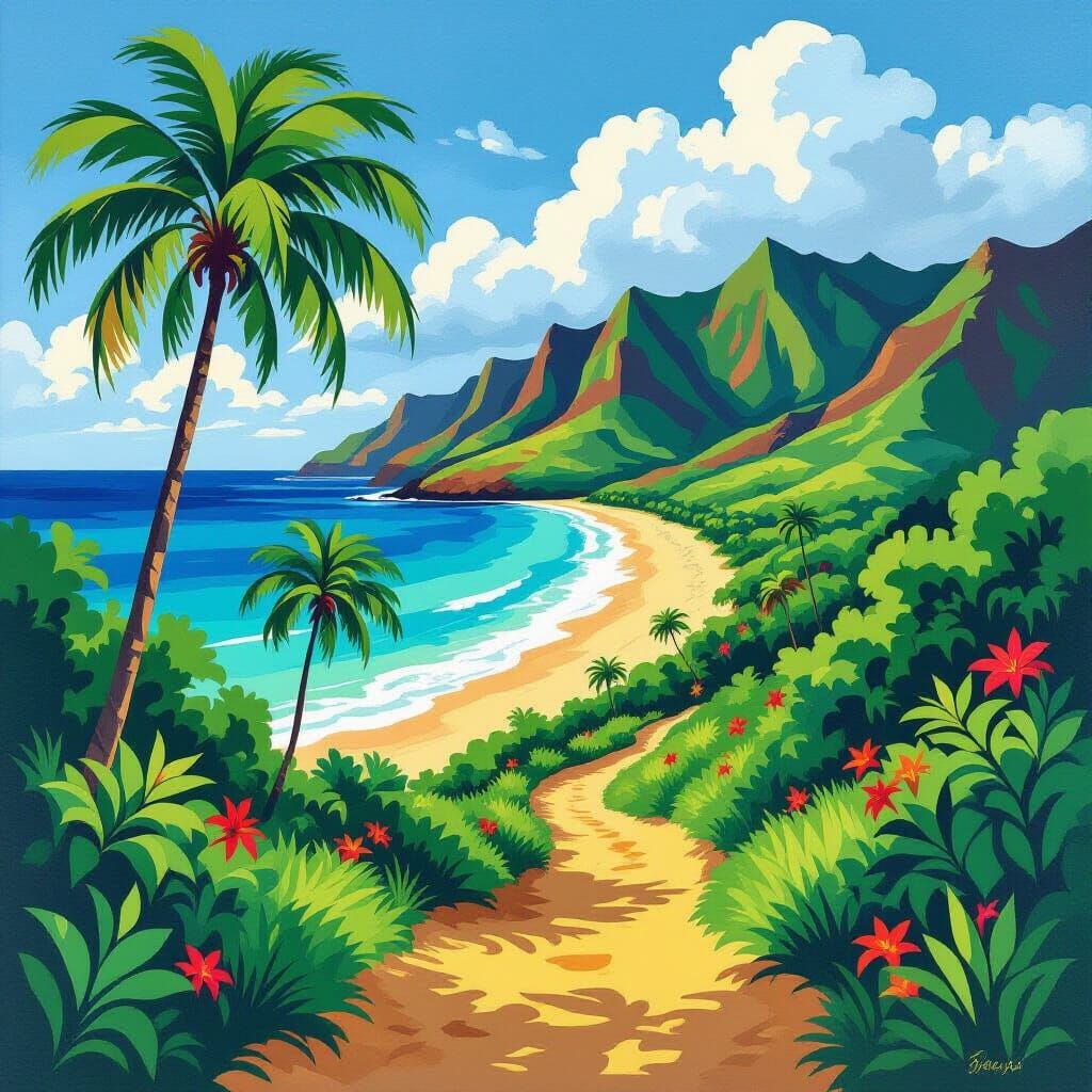 Lush Hawaiian Landscape in Vivid Painterly Style
