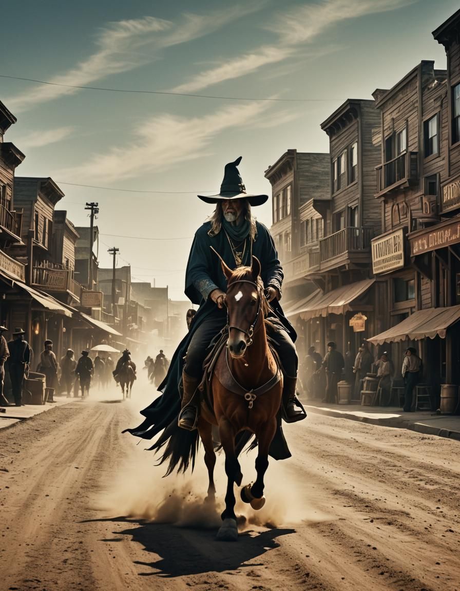 A wizard/cowboy with a pointy-hat and robes riding down the dusty main street of a one-horse town.