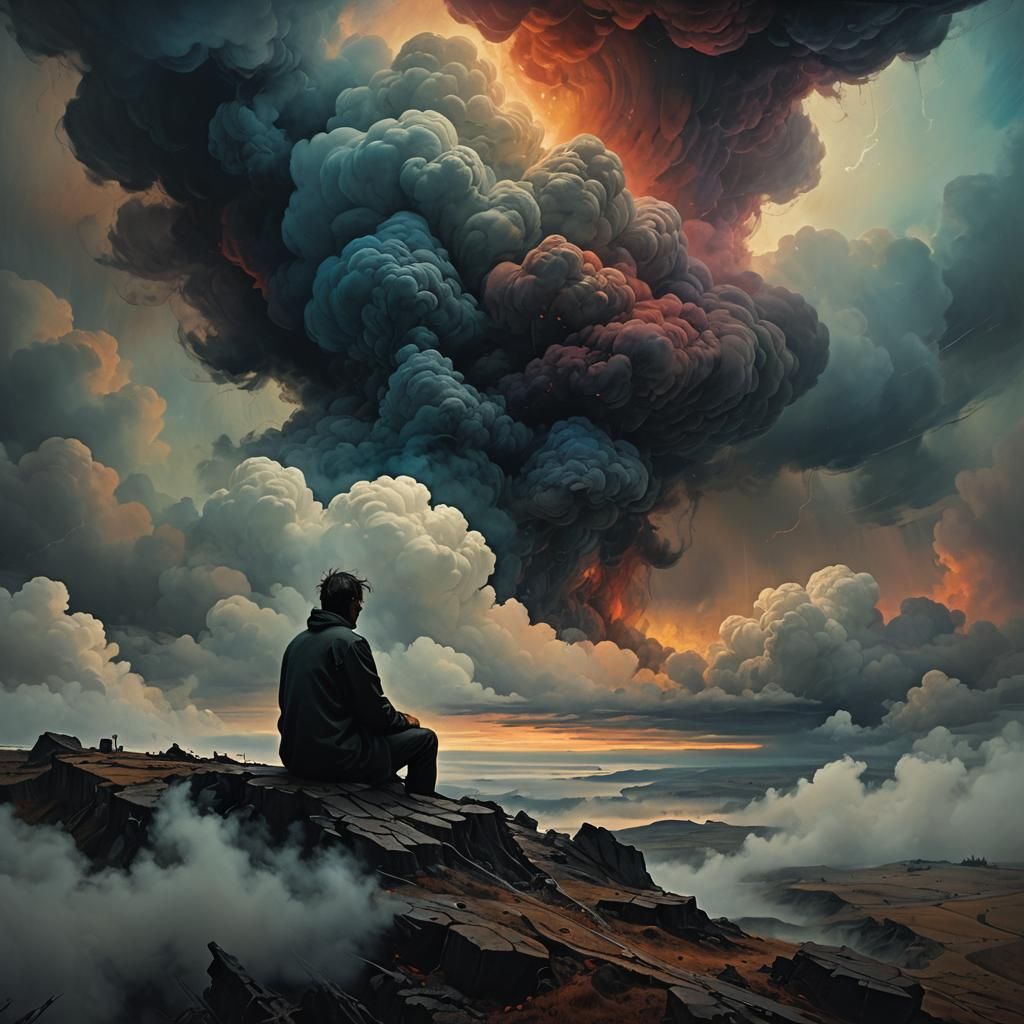 Surreal Figure Amidst Dark Clouds in Dream Landscape
