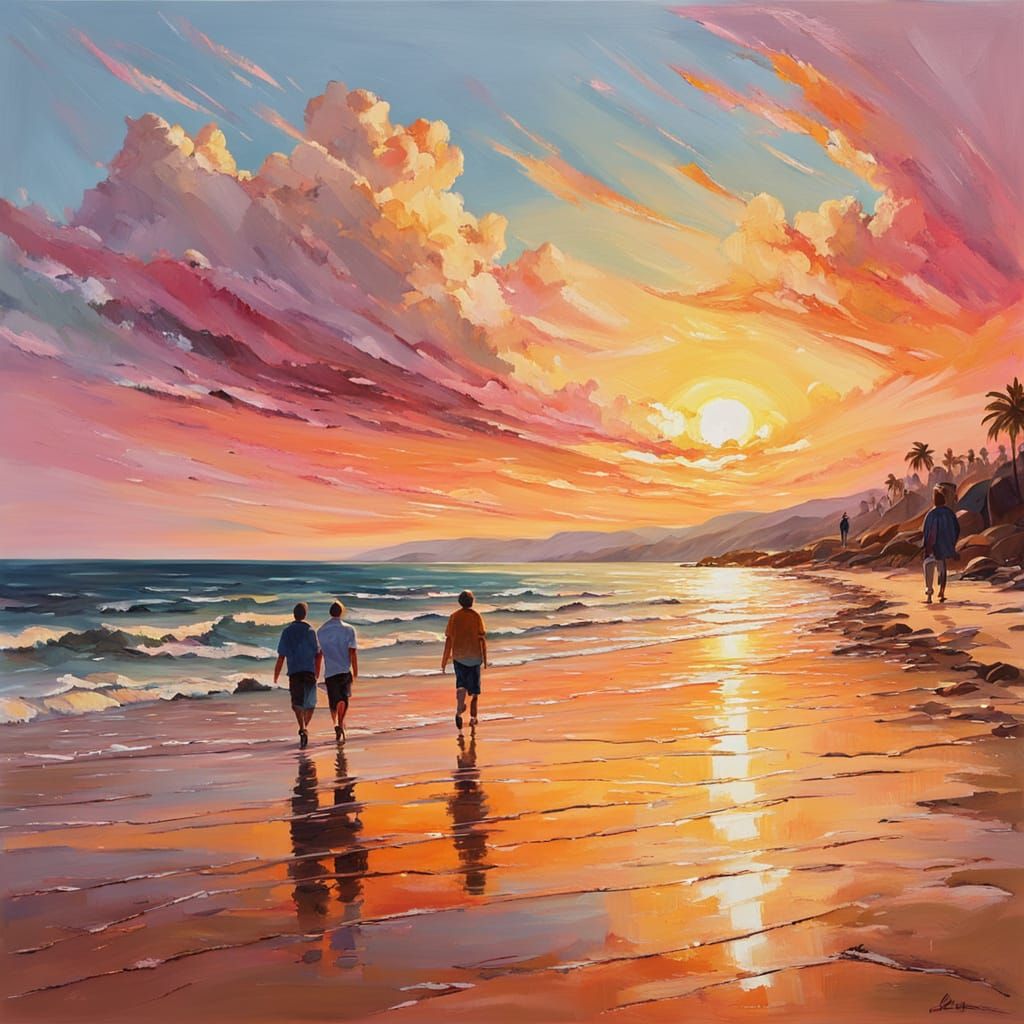 Sunset Beach Oil Painting in Warm Golden Light