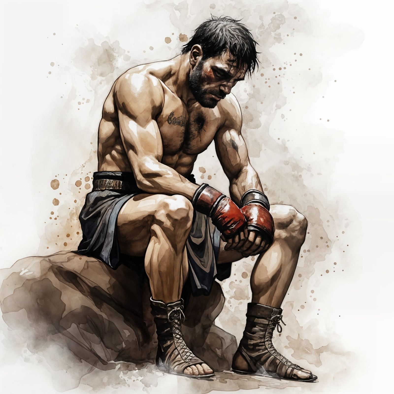 Worn Boxer Resting: Modern Ink Drawing