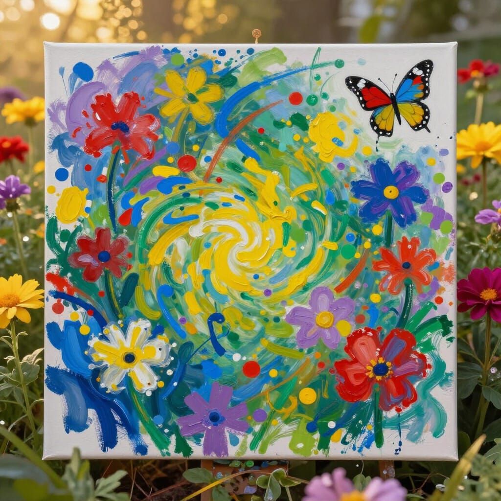 Abstract Oil Paint Splatters in a Flower Garden
