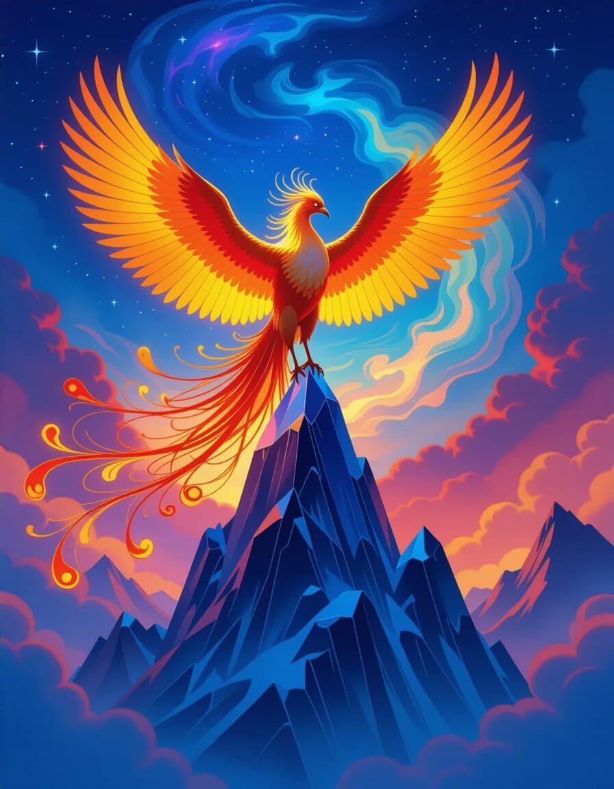 Majestic Phoenix Reborn in Ethereal Light on Crystal Peak