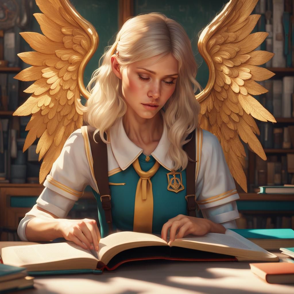 Winged Student Reads Book: Hyperdetailed Concept Art