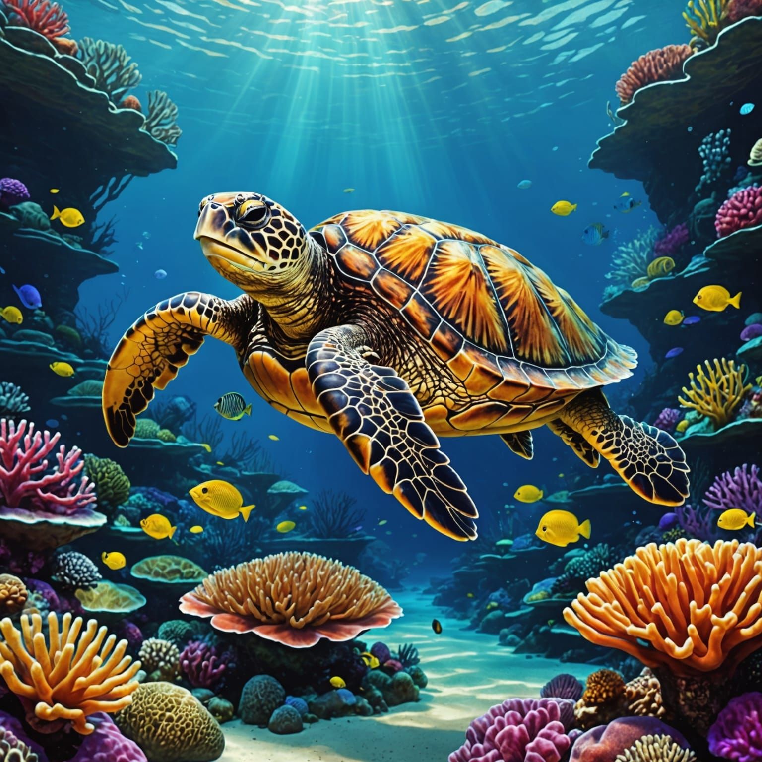Loggerhead Turtle Swimming in Coral Reef: Cel-Shaded Fantasy...
