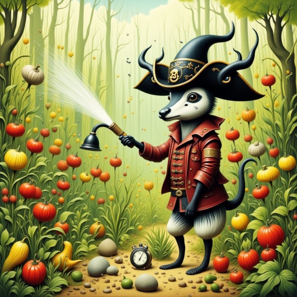 Cute Creature Watering a Lush Vegetable Garden