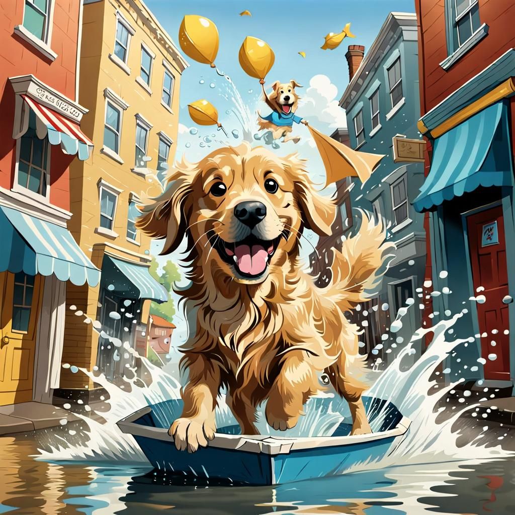 Cartoon Golden Retriever in Flooded Street