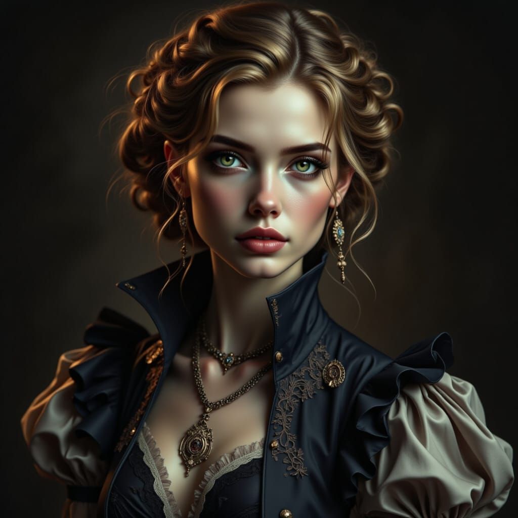 Elegant Woman in Dark, Romantic Art Nouveau Style