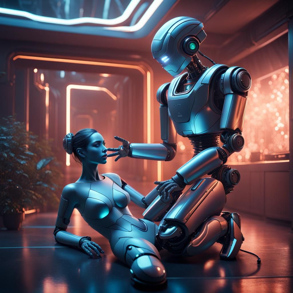 Futuristic Robot Massaging Woman in Calming Environment
