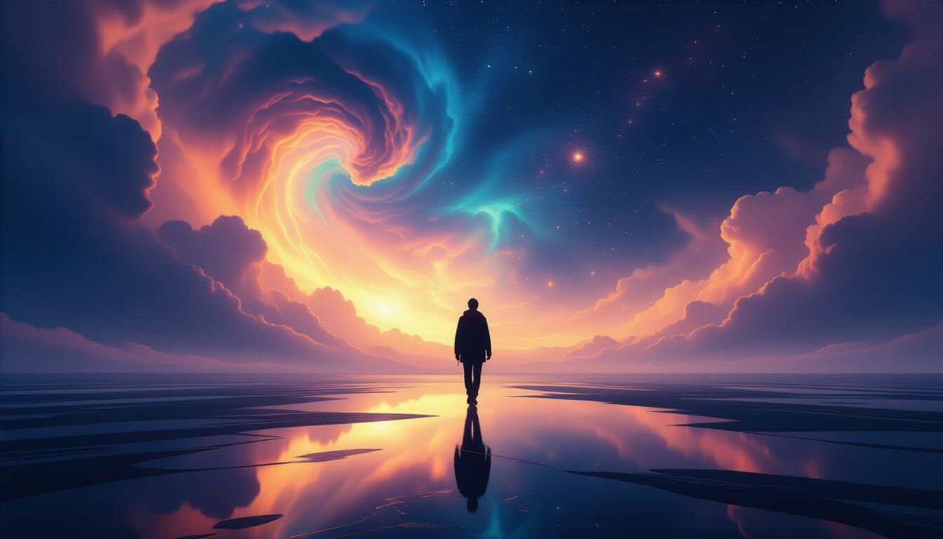 Figure Enters Cosmic Realm of Stars and Nebula