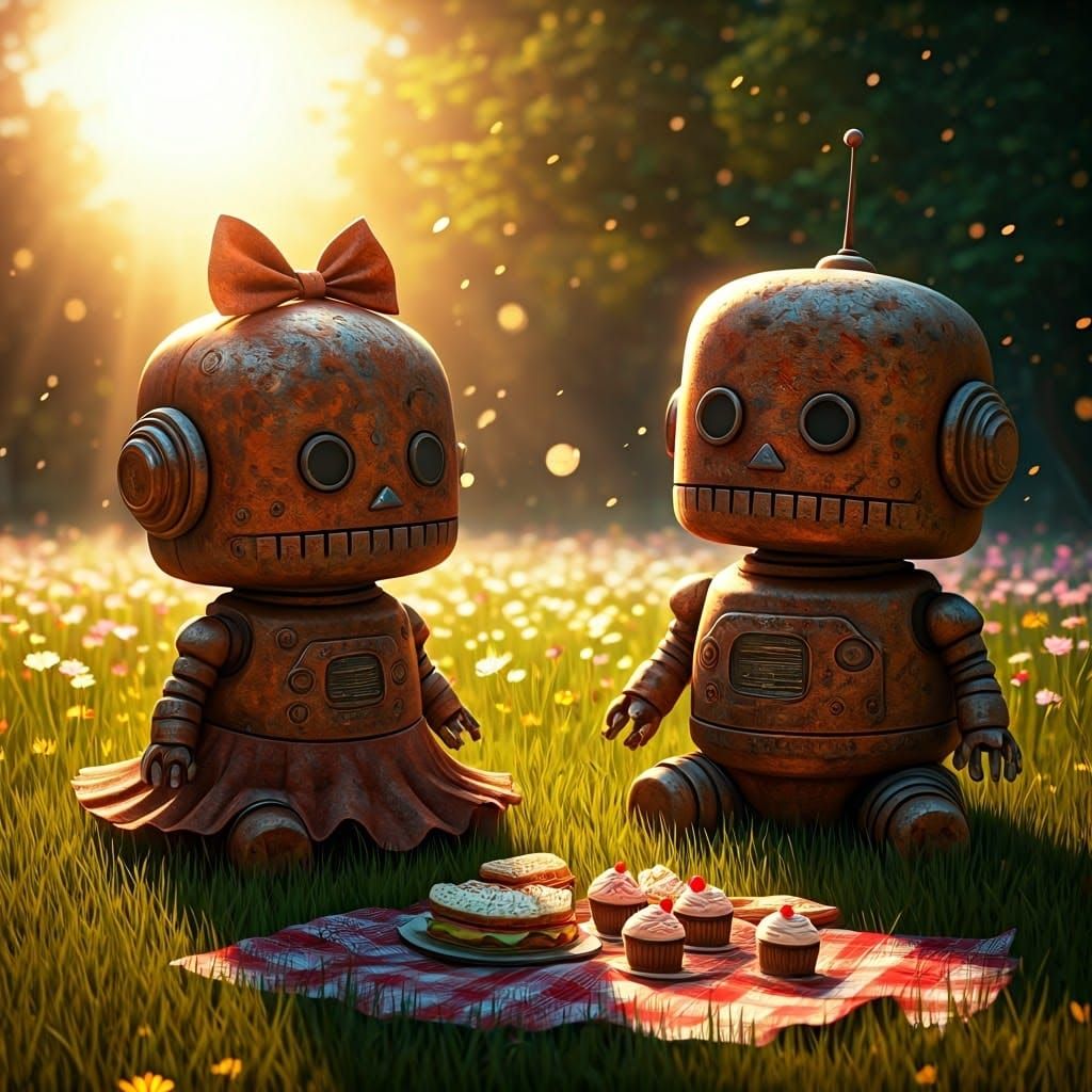 Rusty Robot Picnic in a Vibrant Flower Garden